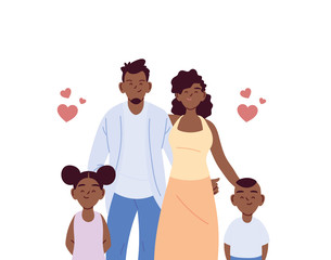 black mother father daughter and son cartoons with hearts vector design