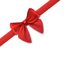 Decorative corner - red satin ribbon with bow 3d vector illustration isolated.