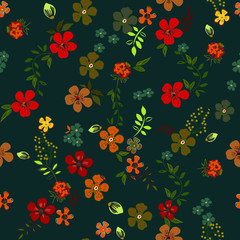 Floral Tropical Hawaiian Flowers Pattern design seamless on navy blue background. Colorful Flowers Illustration. Repeat Patterns
