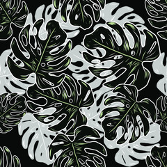 Monstera leaves Floral Tropical Hawaiian Flower Repeat Pattern design seamless. Illustration vector Art Black and white
