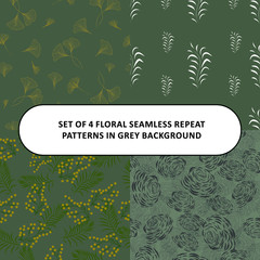 Set of 4 Grey Background Floral Pattern Seamless Vector Illustrator. Repeat Patterns