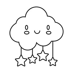 cloud sky with stars hanging kawaii comic character line style