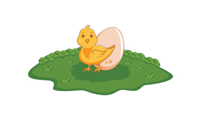 Fototapeta premium Vector illustration of happy chick and egg on green grass