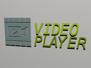 video player icon and text on the wall - 3D illustration for background and camera