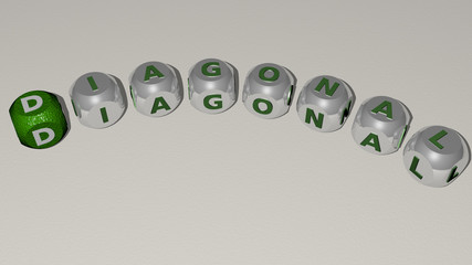DIAGONAL curved text of cubic dice letters - 3D illustration for background and abstract