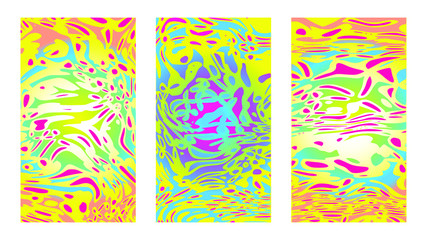 Tropical floral pattern, canvas vector set. Psychedelic illusion, hippie curvature. Art background, yellow abstract set