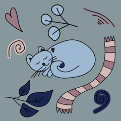 Obraz premium Sleeping cat and striped scarf, doodle cute elements for decor on a gray background, vector hand draw illustration for design and creativity