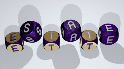 estate text by dancing dice letters - 3D illustration for house and building