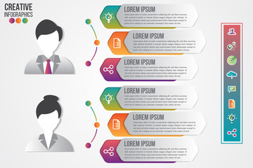 Infographics template men and women symbol avatar with icons set for presentation design clean number banners. Can be used for workflow layout, diagram, business step options, web design.