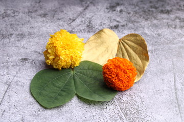 Dussehra or Vijaya dashmi greeting card. Green leaf or aaptyache paan and marigold