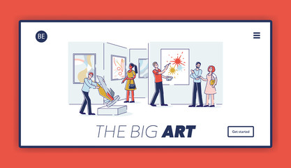 Modern art gallery website landing page design with cartoon visitors and artists on background