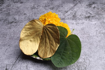 Dussehra or Vijaya dashmi greeting card. Green leaf or aaptyache paan and marigold