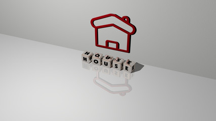 house text of cubic dice letters on the floor and 3D icon on the wall - 3D illustration for building and architecture