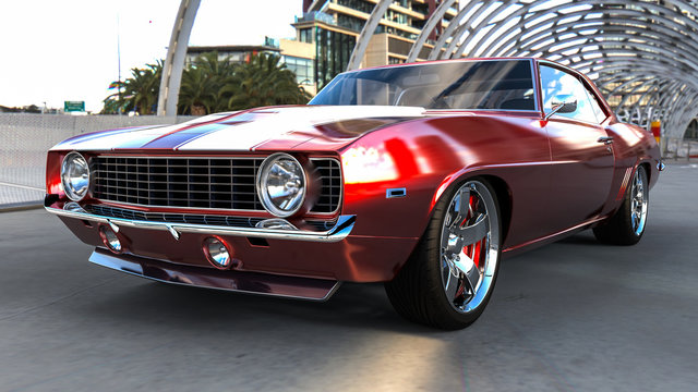 3D Realistic Illustration. Muscle Red Car Rendering In House, Car Shop Center. Vintage Classic Sport Car. Car Show. Wheels.