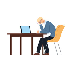Fototapeta na wymiar businessman cartoon with headache on chair and desk vector design