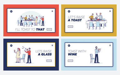 Set of landing pages with people raise toast on different business or family events and celebrations