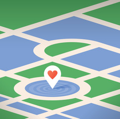 Abstract map pin pointer icon with heart symbol on the map. Concepts: Searching for love, dating, romantic party, wedding, marriage, engagement place, honeymoon travel, holidays, Google maps service