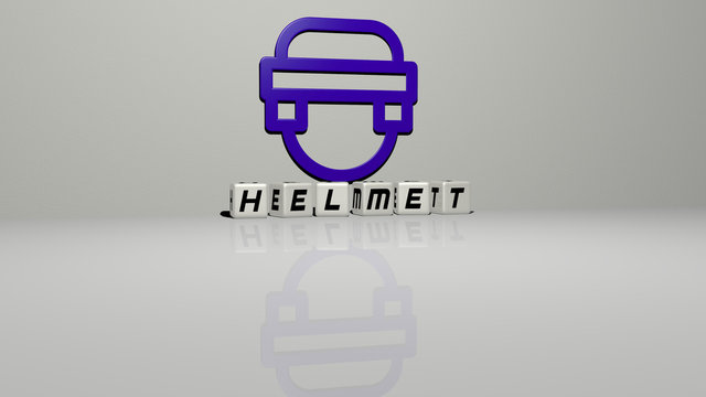 helmet text of cubic dice letters on the floor and 3D icon on the wall - 3D illustration for background and construction