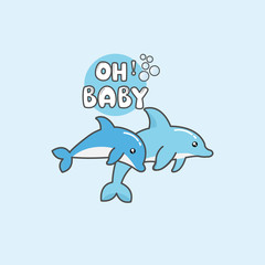 Baby shower. Cute shark and baby shark swimming in the ocean.