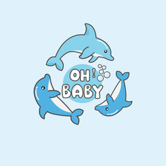 Baby shower. Cute shark and baby shark swimming in the ocean.