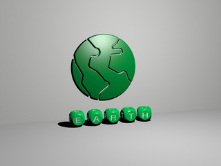earth 3D icon on the wall and text of cubic alphabets on the floor - 3D illustration for background and concept