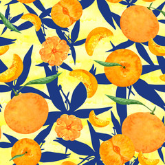 seamless pattern with tangerines and leaves