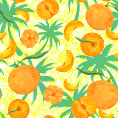 sunny tropical seamless pattern with palms and citrus fruits on yellow background