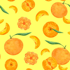 Watercolor mandarin or tangerine orange citrus fruit seamless pattern on illuminating yellow background