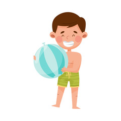 Cute Boy at Sea Shore Wearing Swimming Trunks Holding Ball Vector Illustration