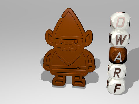 DWARF 3D icon beside the vertical text of individual letters - 3D illustration for background and cute