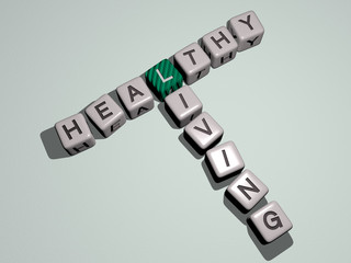 healthy living crossword by cubic dice letters - 3D illustration for background and food