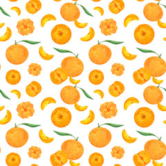 Watercolor mandarin or tangerine orange citrus fruit seamless pattern on white background