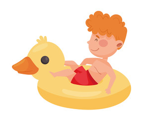 Cute Boy Character Sitting in Rubber Swimming Ring Vector Illustration