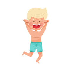 Excited Boy Character in Swimming Trunks Jumping with Joy at Sea Shore Vector Illustration