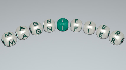 MAGNIFIER curved text of cubic dice letters - 3D illustration for icon and glass