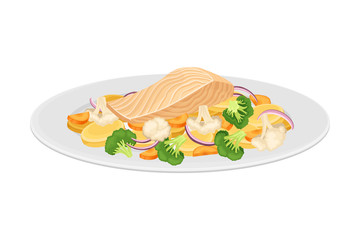 Salmon Slab with Vegetables as Seafood Dish Vector Illustration