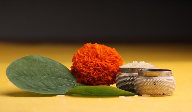 Happy Dussehra greeting card , green leaf,Rie and kumkum