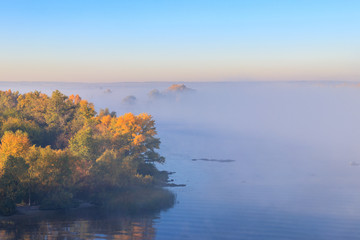 View on the Dnieper river in fog in the morning at autumn