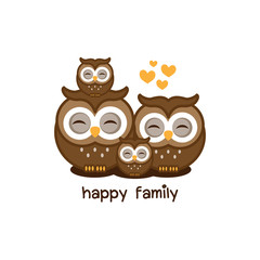 Happy owl family. Dad mom and baby owl cartoon with heart.