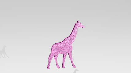 GIRAFFE made by 3D illustration of a shiny metallic sculpture on a wall with light background for animal and africa