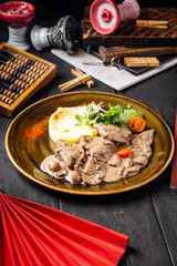 Stewed beef with mushrooms and mashed potato