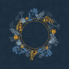 Wedding floral wreath with golden and blue colors