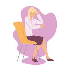 businesswoman cartoon with headache on chair vector design