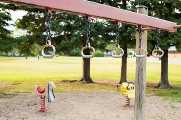 Playground in the park. Metal monkey bars on chains. Playground for children in the local park with field and trees in the background. 