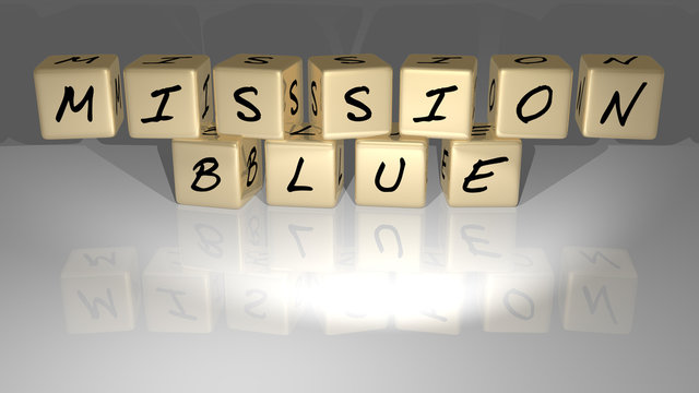 MISSION BLUE text of cubic dice letters on the floor and 3D icon on the wall - 3D illustration for business and concept