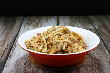 Deep fried Indian oyster or Phoenix mushroom with chicken egg and chilly. Famous traditional vegetarian menu in Asia restaurant. High fiber and low fat menu. 