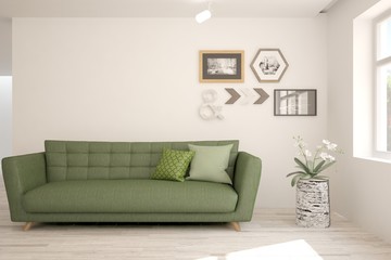 White stylish minimalist room with green sofa. Scandinavian interior design. 3D illustration