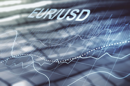 Abstract virtual EURO USD financial chart illustration on blurry abstract metal background. Trading and currency concept. Multiexposure