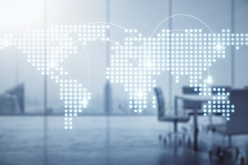 Abstract virtual world map with connections on a modern conference room background, international trading concept. Multiexposure