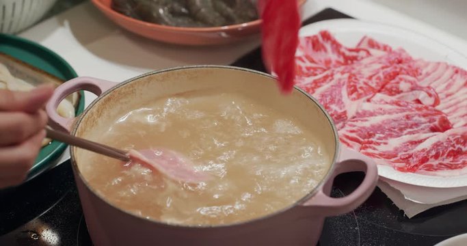 Hotpot At Home With Fresh Raw Meat And Seafood